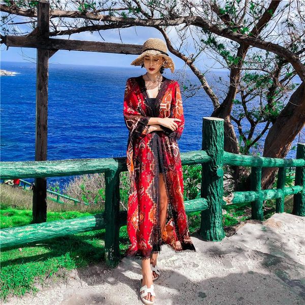 

women's blouses & shirts xibusana cardigan beach jacket shawl long chiffon v-neck shirt sun protection clothing ultra thin blouse, White