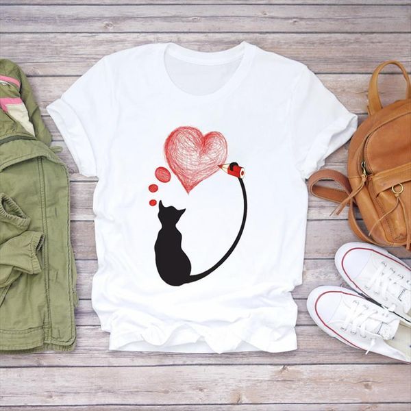 

cartoon love cat cute 90s womens t shirt style fashion print graphic ladies female tee, White