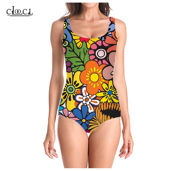 

cloocl fashion beautiful floral style 3d print one-piece swimwear women swimming bathing suit sleeveless swimsuit, White;black