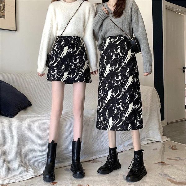 

tie dye short/long skirts women high waist elegant korean style casual a-line mid-calf comfortable all-match vintage, Black