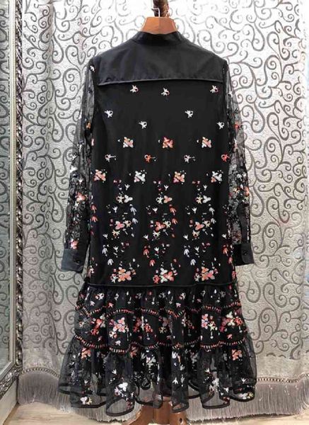 

capris novia party 2021 spring summer style women stand neck allover exquisite embroidery long sleeve knee-length vintage vestido, Black;gray
