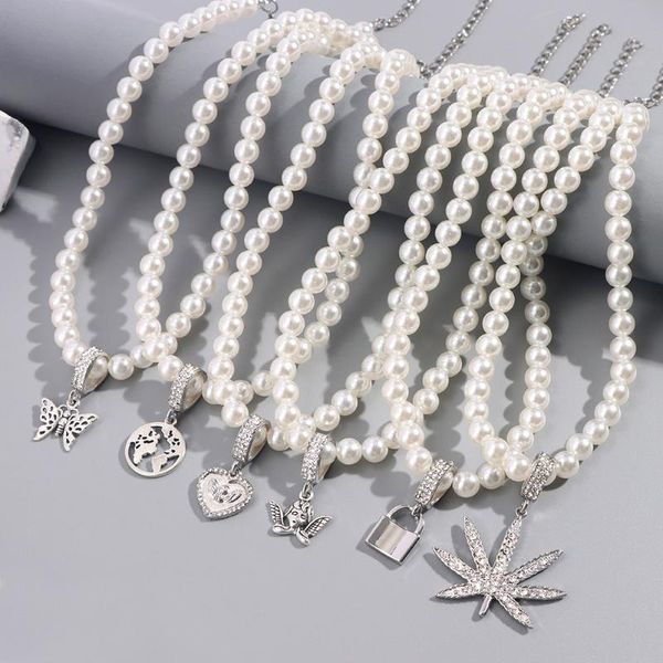 

chains silver color crystal heart butterfly charm imitation pearl beaded necklace for women minimalist choker necklaces fashion jewelry