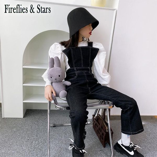 

spring autumn girls 2 pcs set baby t shirt + strap pants kids suits children streetwear clothes puff sleeve 4 to yrs clothing sets, White