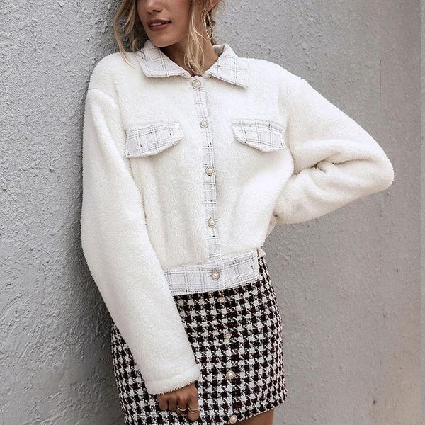 

women's jackets women jacket fashion autumn winter long sleeve turn down collar plaid fleece short coat with pockets casual white outer, Black;brown