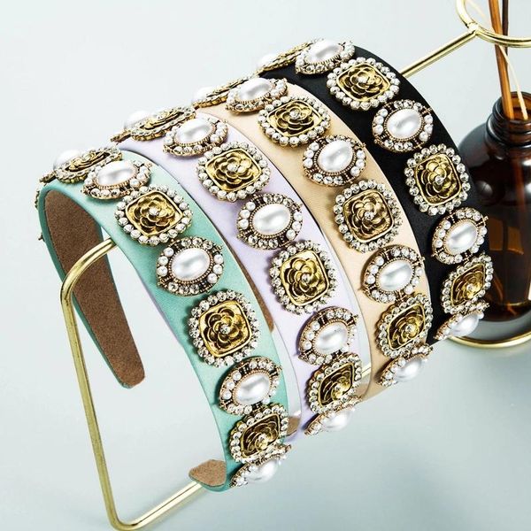

vintage luxury pearl gem flower alloy wide headband metal badge headwear hair accessories crown baroque flower hairbands black, Silver