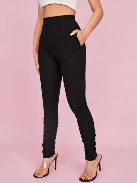 

elastic waist solid skinny pants q3gj#, Black;white