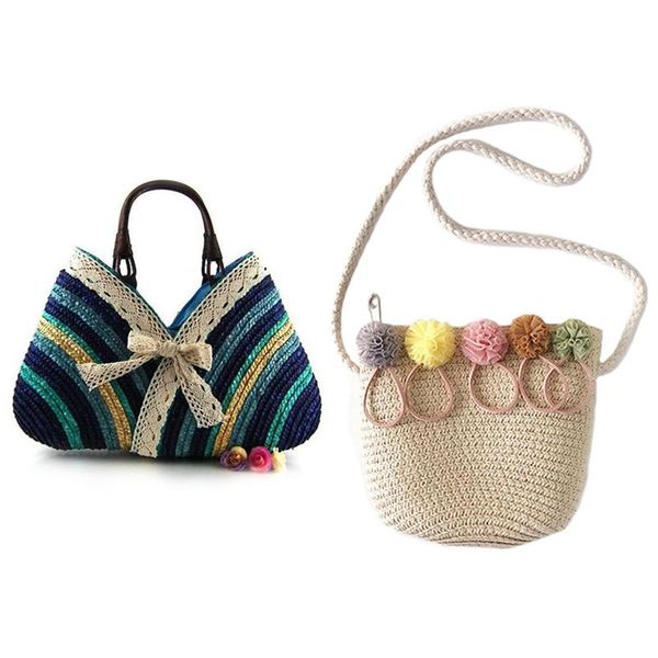 

evening bags 1 pcs girls shoulder bag straw rattan beige & bow rainbow stripes lace blue