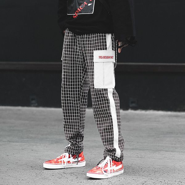 

pants fashionable the @guochao plaid with ribbon splicing and color matching spring men's, Black