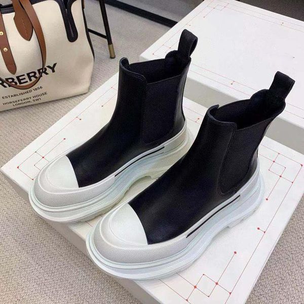 

boots patchwork genuine leather ankle round toe shoes woman thick sole wedges short big size black white botas mujer 2021