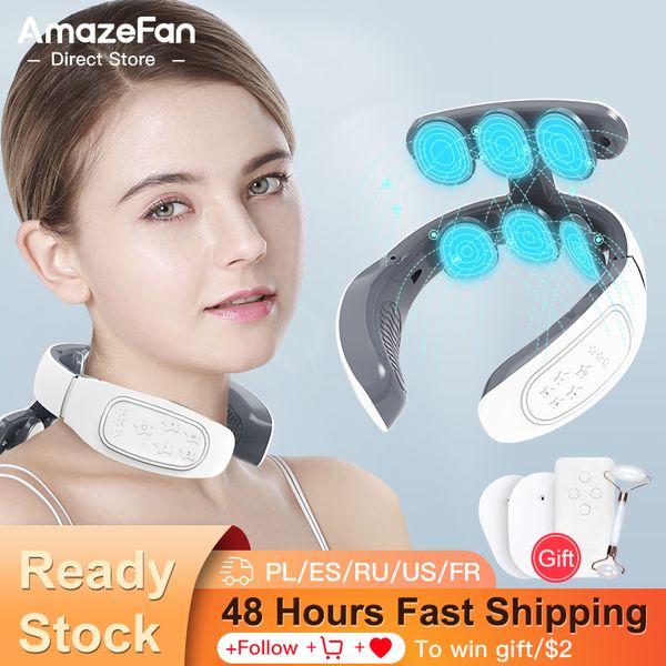 

upgrade neck massager 6 electrode platesneck 9ain electric pulse 15 gears of intensity & heating mode usb charging neck massager