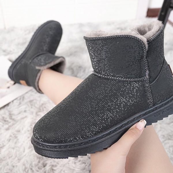 

boots women snow warm plush slip-on plus size 45 solid female ankle boot outdoor comfort non-slip couples winter shoes fashion, Black