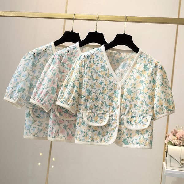

women's knits & tees small fragrance shirt vintage floral embroidery cardigan women summer single-breasted blouses femme blus, White