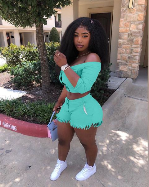 

women's tracksuits high elastic stretch off shoulder slash button crop tassel shorts set two piece women bodycon outfits, Gray