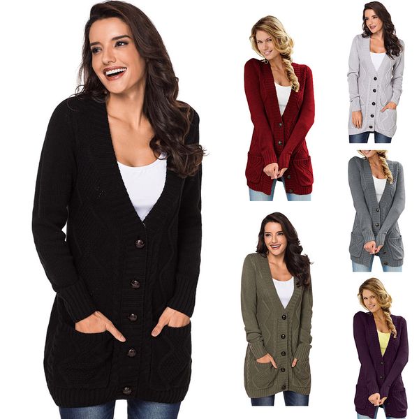 

autumn and winter v-neck single breasted long sleeve medium length cardigan sweater women's knitted 27837, Black