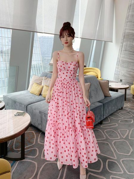

casual dresses women summer pink dress maxi long dot print spaghetti sling, Black;gray