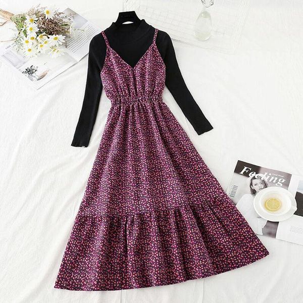 

two piece set vintage dress women autumn knitted sweater long sleeve office corduroy dresses floral print ruffle sling casual, Black;gray