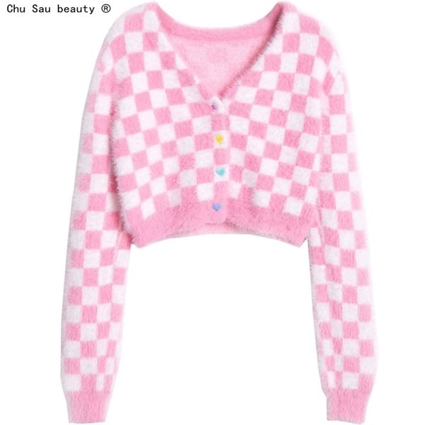 Винтажная осень зима девушка розовый kawaii плед любовь кнопка свитер v-образным вырезом высокий талию урожай сексуальный вязаный кардиган женщина топы 210508