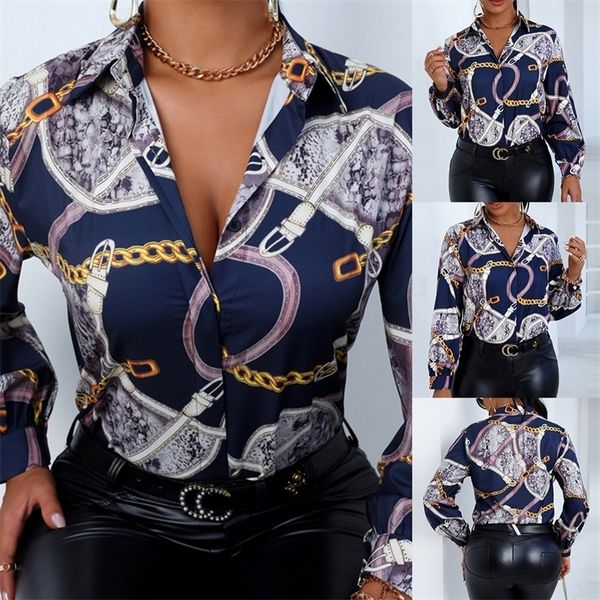 

women's blouses shirts new design plus size women blouse turn down collar long sleeve chains print loose casual shirts womens and blou, White