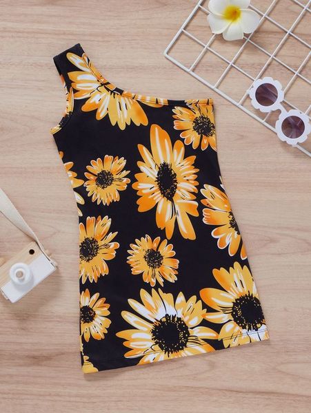 

toddler girls sunflower one shoulder fitted dress she, Red;yellow