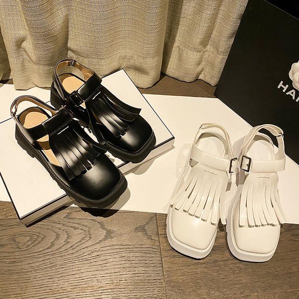 

sandals real cow leather square toe tassel women summer shoes cut out fringe sandales thick heels hook&loop sandalias mujer 2021, Black