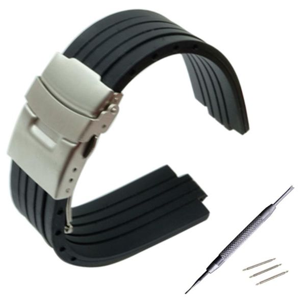 

watch bands 23mm 24mm x 9mm 10mm 11mm convex band silicone rubber watchband stainless steel safety buckle strap wrist belt bracelet, Black;brown