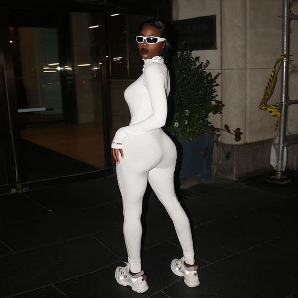 

solid turtleneck full sleeve women rompers autumn winter fitness zipper long skinny jogger, Black;white