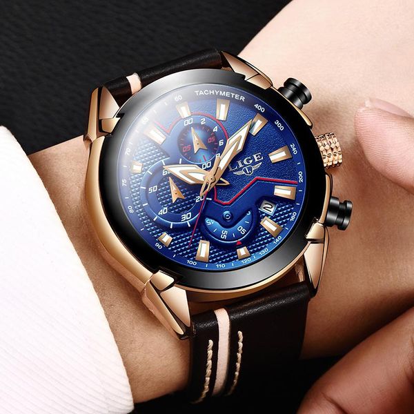 

wristwatches lige 2021 mens watches fashion men wrist business male leather watch for relogio masculino, Slivery;brown