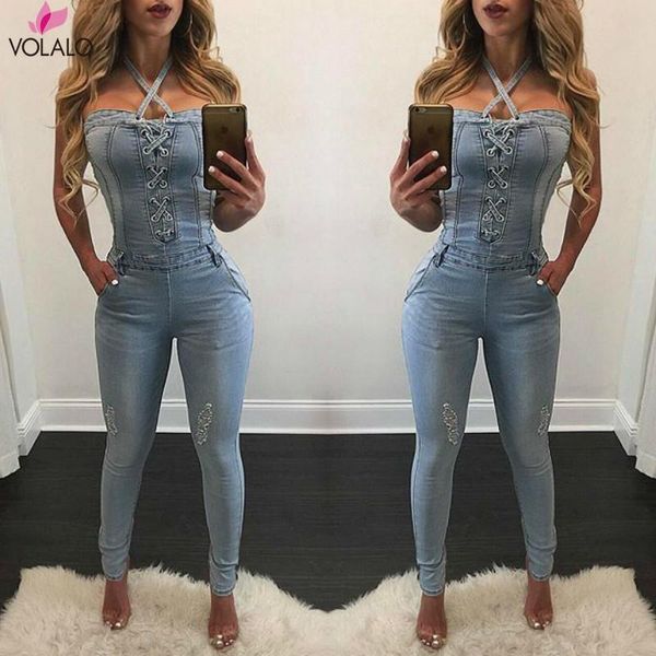 

women's jumpsuits & rompers volalo black ripped jeans fashion denim off shoulder harness bodysuit sleeveless backless jumpsuit macacao, Black;white