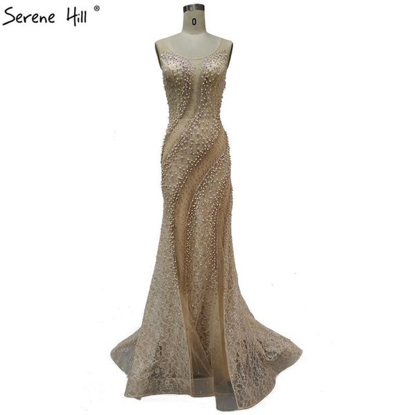 

party dresses gold o-neck luxury dubai design prom 2021 lace pearls crystal mermaid gowns serene hill bla60897, White;black
