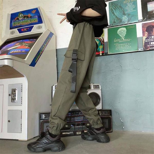

women's pants & capris black cargo streetwear women fashion solid armygreen trousers casual high waist hip hop autumn outwear, Black;white