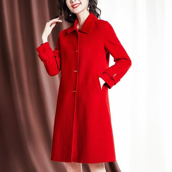 

women's wool & blends coat female 2021 long lead knee in the fall and winter of cultivate morality woolen cloth, Black
