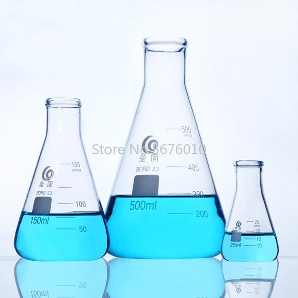 

lab supplies 2pcs/lot 50ml to 2000ml erlenmeyer borosilicate glass flask wide neck conical triangular for equipment
