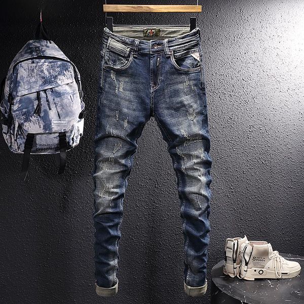 

men's jeans ly designer fashion men retro blue slim fit ripped frayed scratch vintage casual denim pants