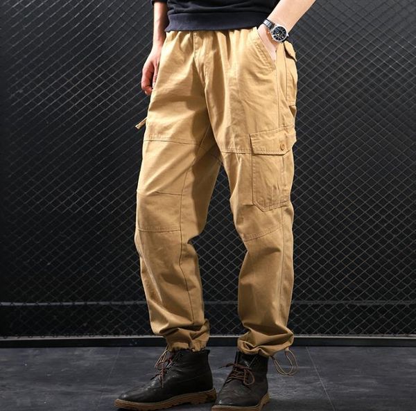 

men's pants camouflage cargo casual loose cotton pocket baggy trousers spring autumn men overall straight mens bottoms xxxl, Black