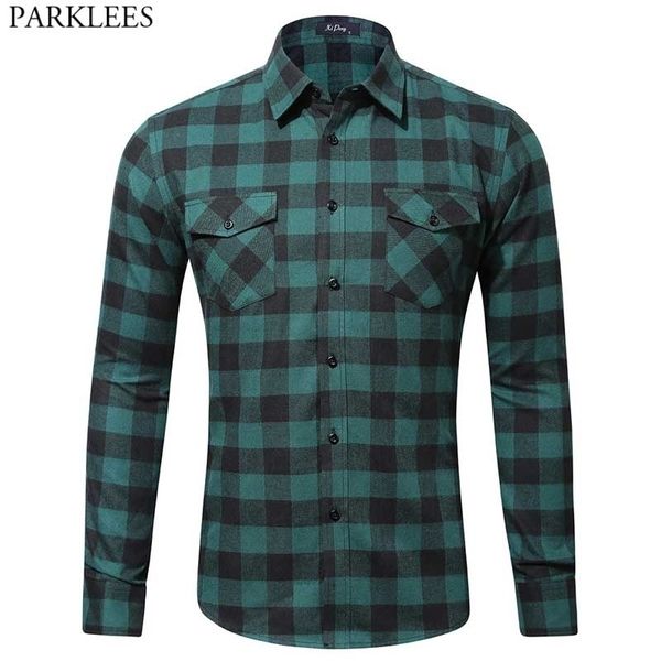 

classic green plaid flannel shirt men long sleeve casual button down checkered shirts mens double pocket shirt for camp work 2xl 210522, White;black