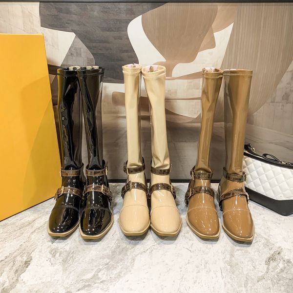 

fashion women low heels long boots luxurious woman patent leather pointed toe designer knee high botas ladies back zipper thick heel shoes, Black