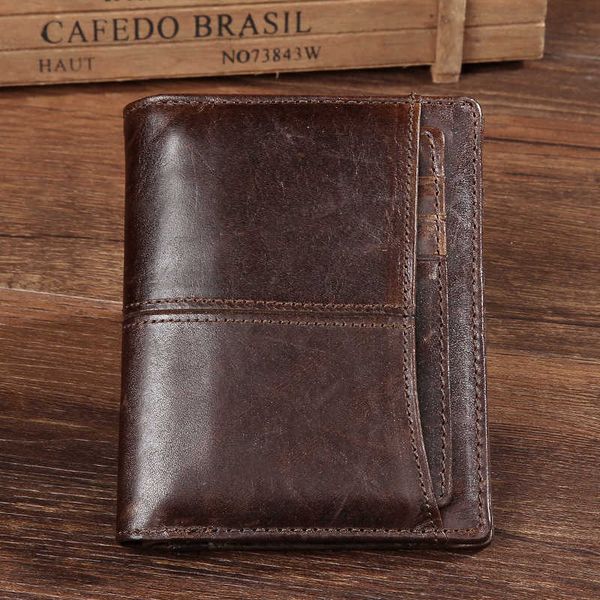 

men's leather wallet short wallet oil wax leather men's bag, Black