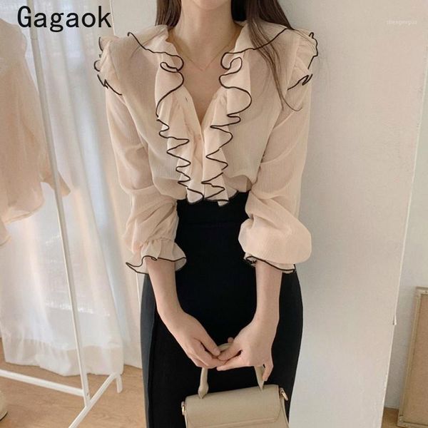 

gagaok women streetwear fashion blouse 2021 spring autumn v-neck ruffles retro slim chic wild female korean shirt women's blouses, White