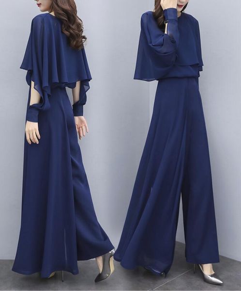 

women's two piece pants chiffon suit female 2021 elegant shawl ruffled openwork long-sleeved shirt + slim wide leg trousers, White