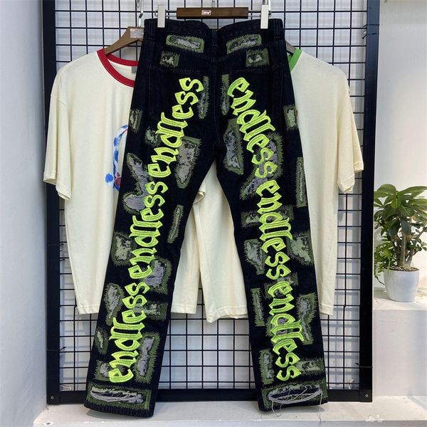 

men's jeans ins men's fashion jeans heavy industry embroidery casual trendsetter hole breaking pants e8m1, Black