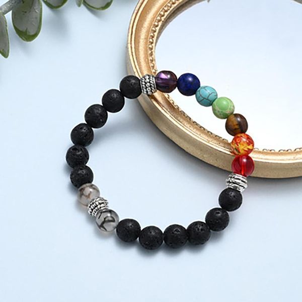 

beaded, strands natural lava stone beads healing balance chakra charm bracelet 8mm tiger eye bead tibetan buddha prayer for women men, Black