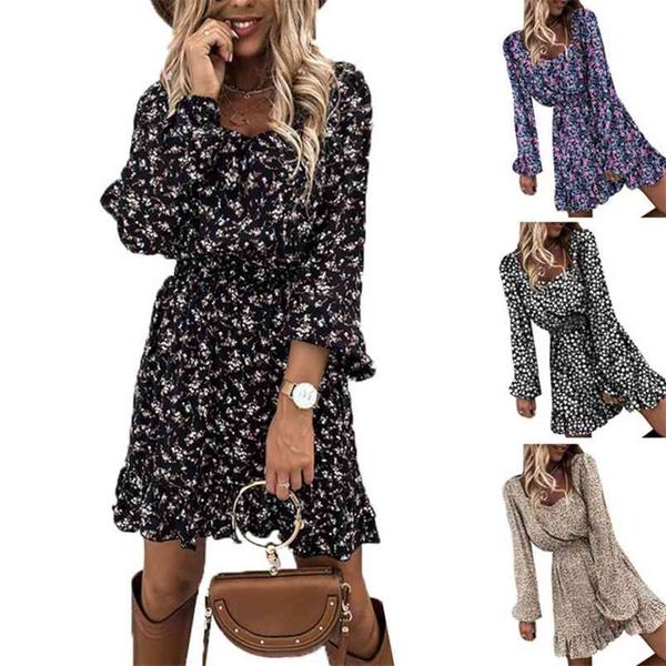 

women ruffles floral print square collar dress spring autumn casual long sleeve a line slim female boho mini party 210517, Black;gray