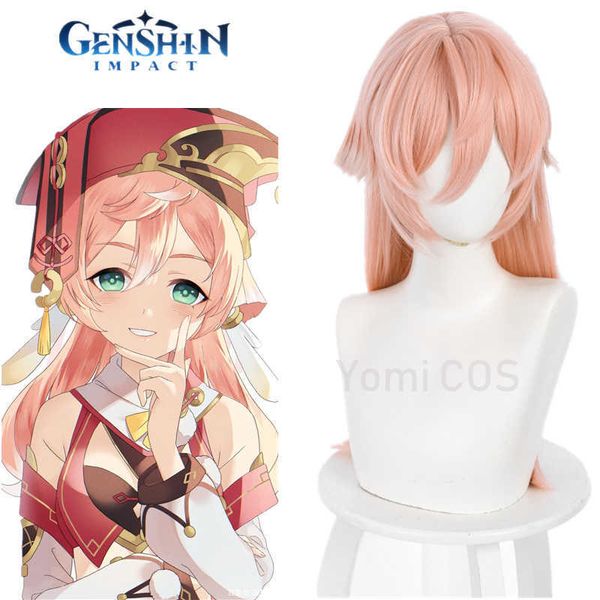 Hot Game Genshin Impact Yan Fei Cosplay Wig Yanfei Gradiente Rosa Branco Branco de 60 cm de comprimento Cabelo sintético Mulheres Role