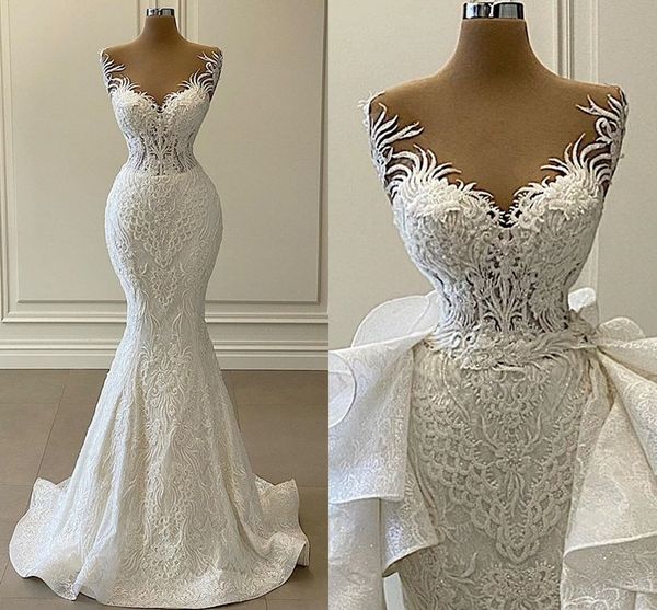 Luxus 3D Spitze Meerjungfrau Hochzeit Kleid 2022 Romantische Illusion Perlen Tüll Neck Brautkleider Robe de Mariage Vestido Noiva