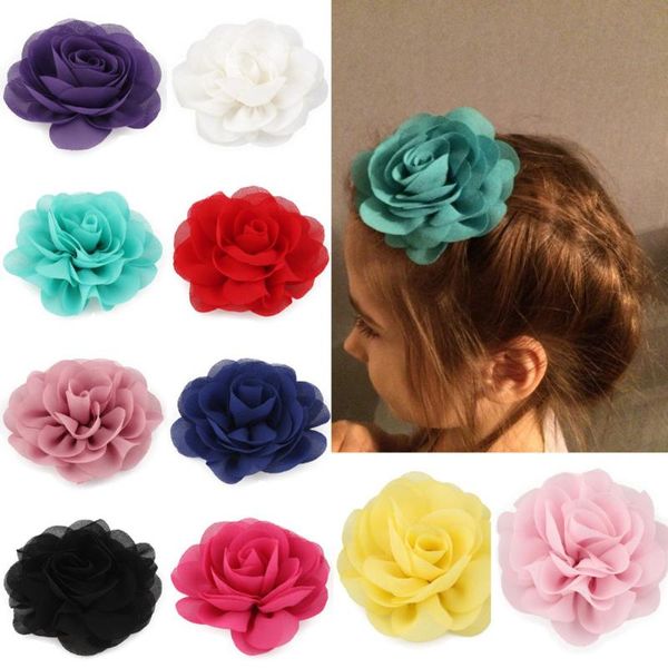 

hair accessories wholesale 8.5cm born chiffon petals poppy flower clips rolled rose fabric flowers for kids girls, Slivery;white