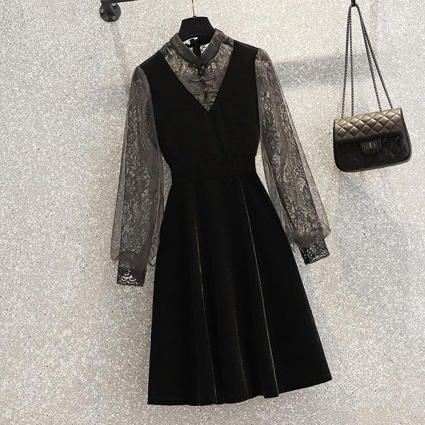 

casual dresses 4xl plus size women hollow out lace autumn winter 2021 sleeve patchwork velvet vintage cheongsam dress, Black;gray