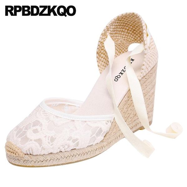 

dress shoes pumps sandals 2021 tie up mesh white lace wedge big size high heels women footwear summer cross strap black round toe
