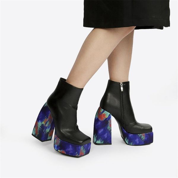 

boots 2021 spring autumn fahion ankle chunky platform high thick heels big size 43 genuine cow leather woman shoes, Black