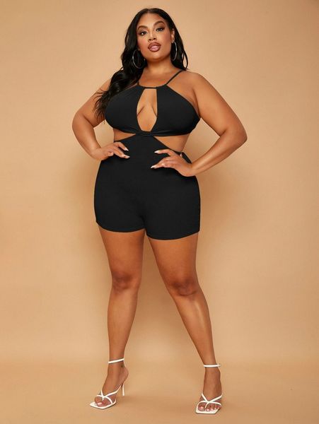 

sxy plus tie back cut out romper e20k#, Black