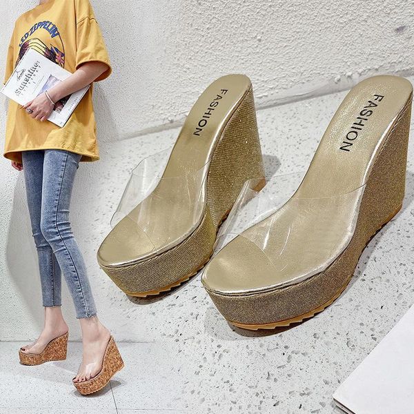 

slippers for women to wear summer thick soled high heel fashion transparent retro crystal sandals, Black